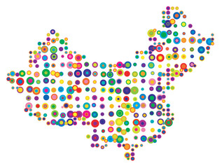 Abstract map of People's Republic of China drawn with overlapping colored circles like sweets or candies