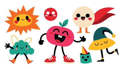  Retro trendy characters, comic sun and cloud, mascot running cherry, shape star with legs and hands, heart with funny face, vintage mushroom. Vector set on white background.