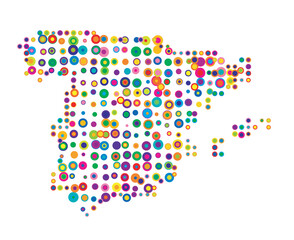 Abstract map of Spain drawn with overlapping colored circles like sweets or candies