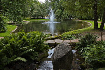 Pond with fountain in public park Slottsparken at the Royal Palace in Oslo, Norway, Europe
