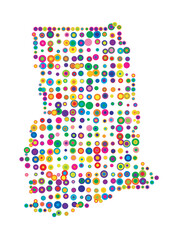 Abstract map of Ghana drawn with overlapping colored circles like sweets or candies