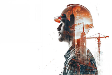 Artistic double exposure portrait of a construction worker, merging with a cityscape and cranes, symbolizing the essence of urban development.