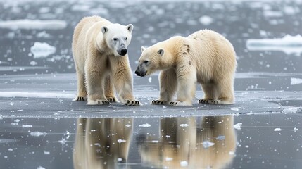 A pair of polar bears engaging in playful behavior on a frozen lake in the Arctic, showing their social bonds