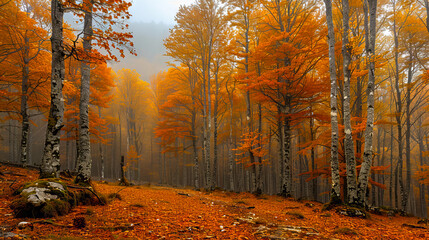 Fototapeta premium A foggy forest with orange trees and leaves.