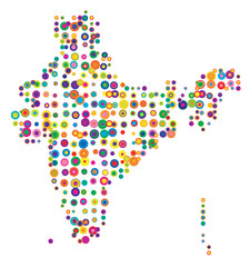 Abstract map of India drawn with overlapping colored circles like sweets or candies