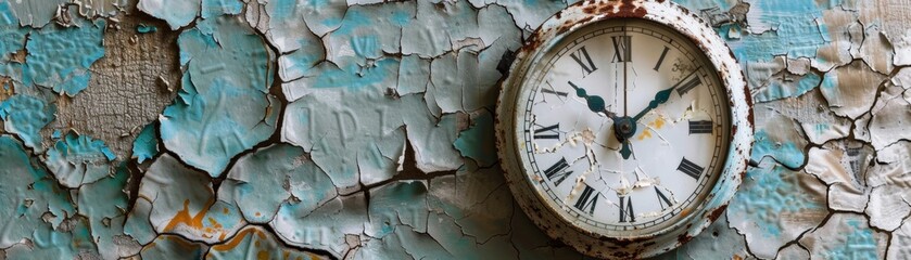 A clock is hanging on a weathered wall.