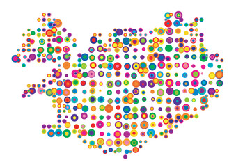 Abstract map of Iceland drawn with overlapping colored circles like sweets or candies