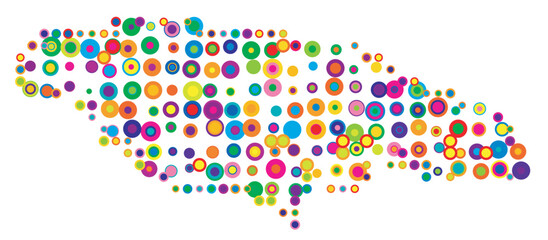 Abstract map of Jamaica drawn with overlapping colored circles like sweets or candies