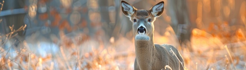 A deer stands in the middle of a snowy forest