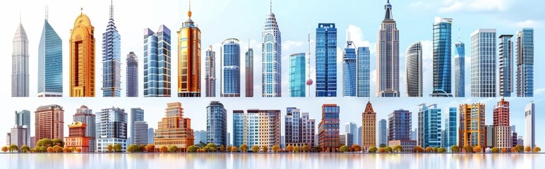 Fototapeta premium Skyscraper set, white background, high rise, super tall, giant skyscraper collection, apartment, perspective, contemporary, 3D, bank, property, real estate, smart，Contemporary High-Rise Skyscraper 