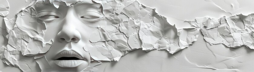 A grayscale image of a woman's face emerging from a cracked stone wall.
