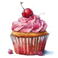A watercolor painting of a cupcake with pink frosting and a cherry on top on a transparent background