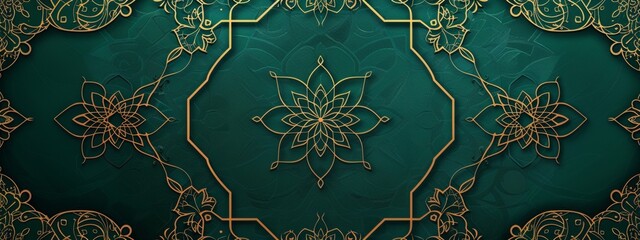 arabic dark green background with golden islamic pattern and ornamental frame, empty center for text, dark green background with islamic ornament in the middle.