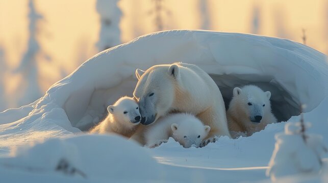 A polar bear mother nursing her cubs in a snow den, showcasing the cycle of life in the Arctic ecosystem