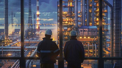 Two men in hard hats looking out at an oil refinery at night high voltage production plant Power plants, nuclear reactors, energy industries
