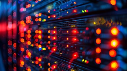 Abstract image of a server room. Glowing red and yellow lights in the dark.