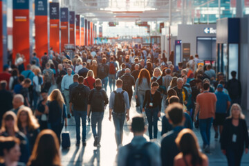 Dynamic bustling crowd of people walking around a convention hall at a tech conference or expo 