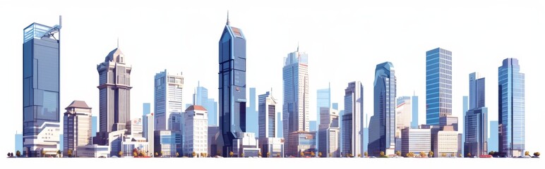 Naklejka premium Skyscraper set, white background, high rise, super tall, giant skyscraper collection, apartment, perspective, contemporary, 3D, bank, property, real estate, smart，Contemporary High-Rise Skyscraper 