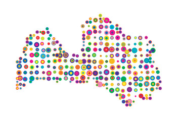 Abstract map of Latvia drawn with overlapping colored circles like sweets or candies