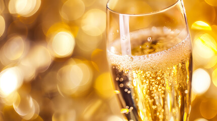 A chic flute of champagne, bubbles ascending in a delicate stream, against a soft, shimmering gold blurred background 