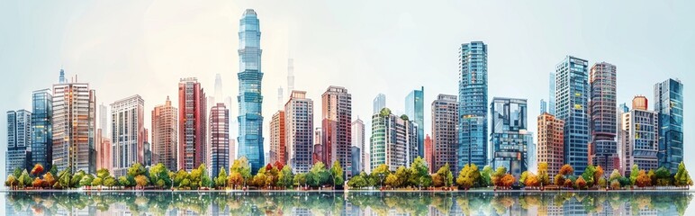 Fototapeta premium Skyscraper set, white background, high rise, super tall, giant skyscraper collection, apartment, perspective, contemporary, 3D, bank, property, real estate, smart，Contemporary High-Rise Skyscraper 