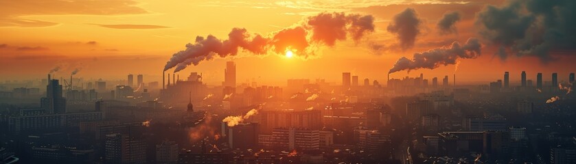 City in the smog at sunset. The air is polluted.