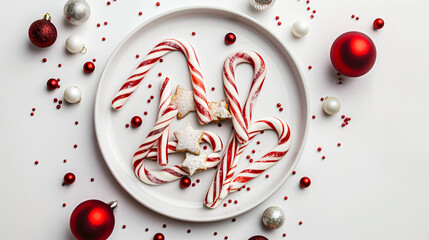 Plate with tasty candy cane cookies and Christmas ball