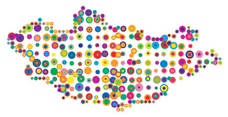 Abstract map of Mongolia drawn with overlapping colored circles like sweets or candies