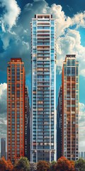 Fototapeta premium Skyscraper set, white background, high rise, super tall, giant skyscraper collection, apartment, perspective, contemporary, 3D, bank, property, real estate, smart，Contemporary High-Rise Skyscraper 