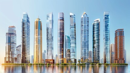 Obraz premium Skyscraper set, white background, high rise, super tall, giant skyscraper collection, apartment, perspective, contemporary, 3D, bank, property, real estate, smart，Contemporary High-Rise Skyscraper 