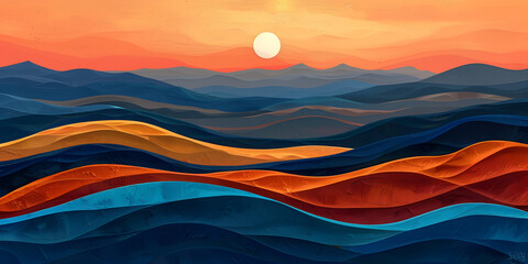 Colorful pop art mountains landscape a mesmerizing journey with moon on the sky background.