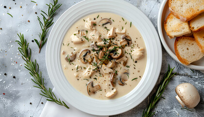 A white plate with, creamy chicken and mushroom soup, garnished with mushrooms and rosemary leaves top view