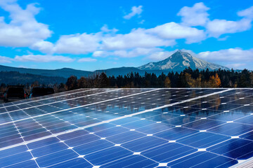 Solar panel over cityscapes, solar power green energy for life concept