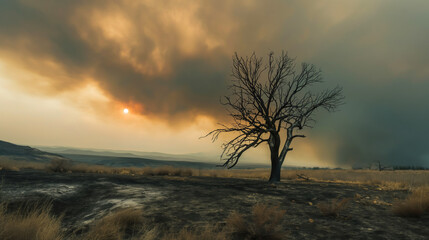 A poignant depiction of a wildfire, with a single charred tree in a barren, ash-covered landscape under a smoky sky 