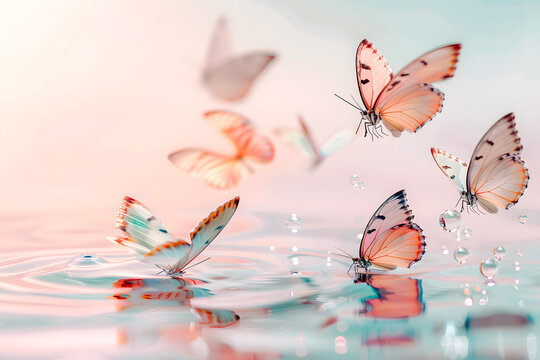 Papillons roses volant au dessus de l'eau 