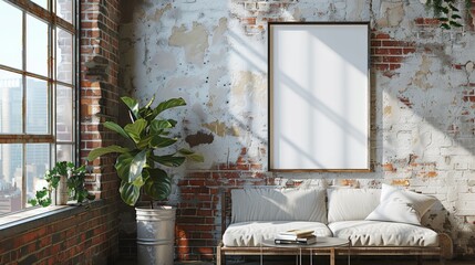 Scandinavian living room interior design with white sofa, green plant and blank picture frame on the brick wall.