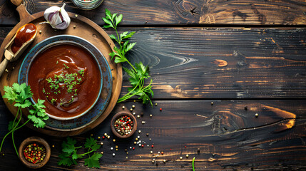 Plate with tasty sauce and ingredients on wooden background