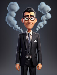 Businessman suit floating with smoke cloud instead of head in dark studio for corporate fashion, mafia aesthetic and success. smoke to hide face, black background, grey