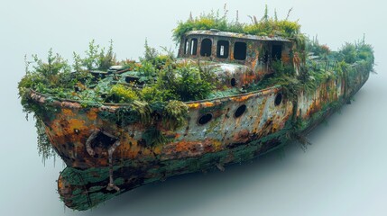 A boat covered in green plants and moss