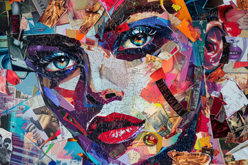 Fototapeta premium A colorful collage of a woman's face with a newspaper headline that reads 