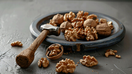 Plate with tasty walnuts and hammer on grey table