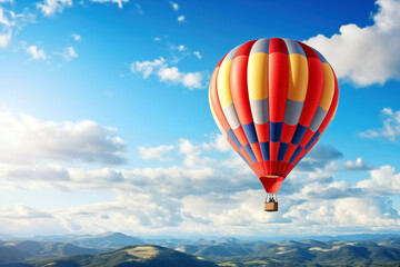 Hot air balloon flying high in blue sky. Background with selective focus and copy space