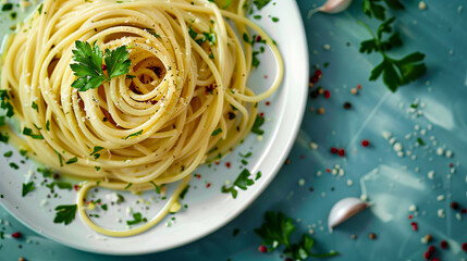 A plate of spaghetti with parsley and garlic.