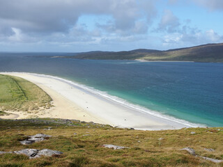 Luskentyre Beach or Luskentyre Sands. Isle of Harris. Outer Hebrides, Scotland. Luskentyre is one of the most spectacular beaches of the United Kingdom with miles of white sand and green-blue water.