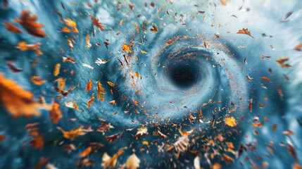 An abstract representation of a hurricane, featuring a swirling pattern of leaves and debris...