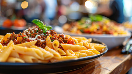 Plates of tasty penne pasta with bolognese sauce on ta