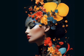 Editorial style fashion portrait of a female model with closed eyes wearing floral costumes