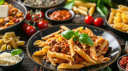 Plates of tasty penne pasta with bolognese sauce on ta
