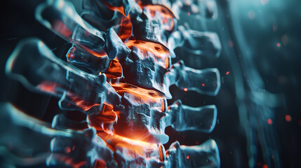 3D representation of human spine with glowing. Internal view