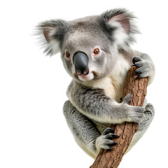 Naklejka premium Koala Clinging to Tree Branch in Natural Habitat, isolated, transparent background, white background, no background